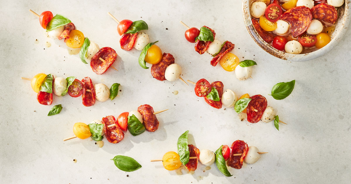 Maple Glazed Tomatoes, Bocconcini and Dry Sausage Mini Skewers