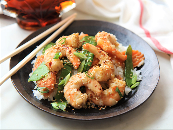 Maple Ginger Shrimp with Carrots and Snow Peas - Maple from Canada