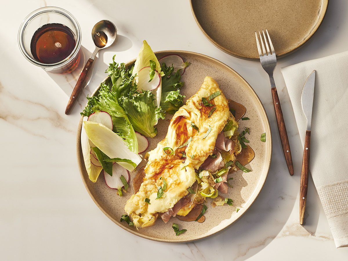 Prosciutto Omelette with Maple Caramelized Leeks - Maple from Canada