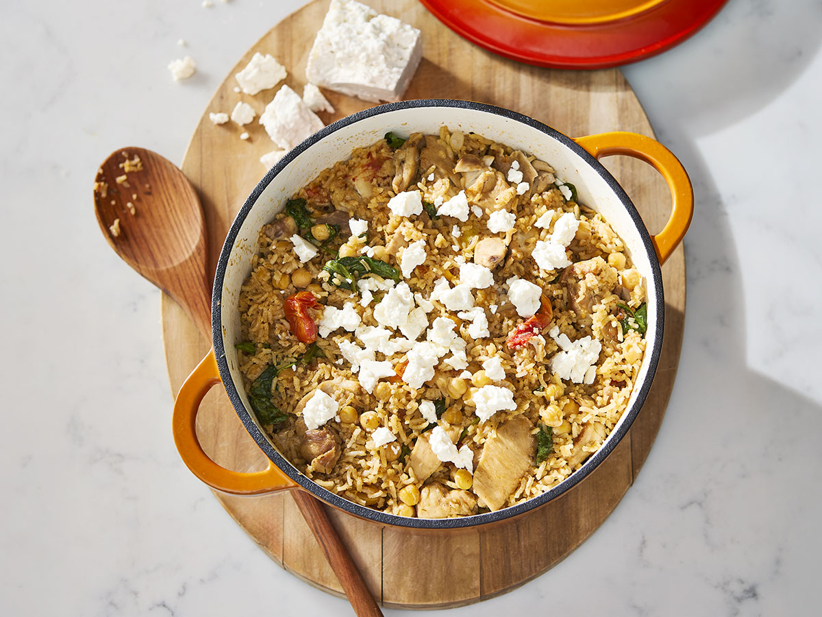 One-Pot Maple Chicken with Chickpeas, Tomatoes, Feta and Lemony Rice - Maple from Canada