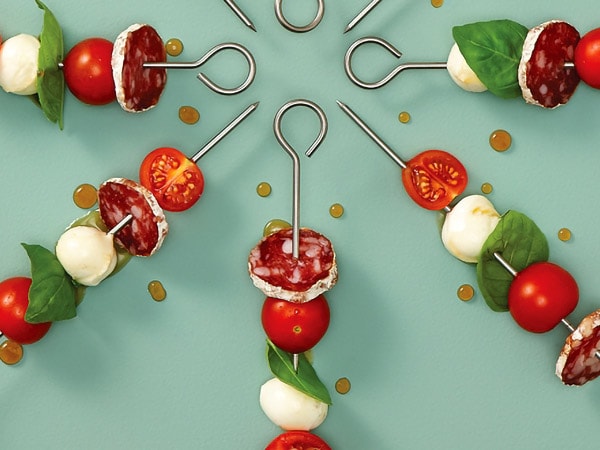 Maple Glazed Tomatoes, Bocconcini and Dry Sausage Mini Skewers
