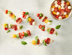 Maple Glazed Tomatoes, Bocconcini and Dry Sausage Mini Skewers