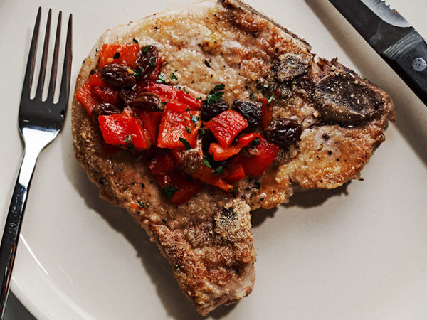 Pan roasted pork chops with maple roasted pepper agrodolce