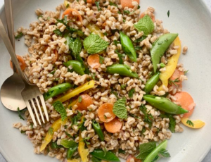 Farro Salad with Real Maple Syrup Vinaigrette, Carrots, Snap Peas, Sweet Peppers, and Mint