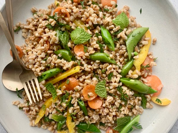 Farro Salad with Real Maple Syrup Vinaigrette, Carrots, Snap Peas, Sweet Peppers, and Mint - Maple from Canada
