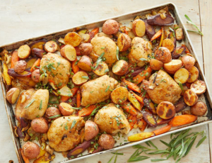 Sheet Pan Maple Mustard Chicken Thighs with Potatoes and Carrots