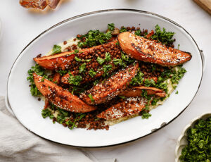 Maple Sesame Roasted Sweet Potatoes with Shawarma Lentils and Hummus