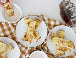 French Toast Sticks with Cinnamon Maple Yogurt Dip