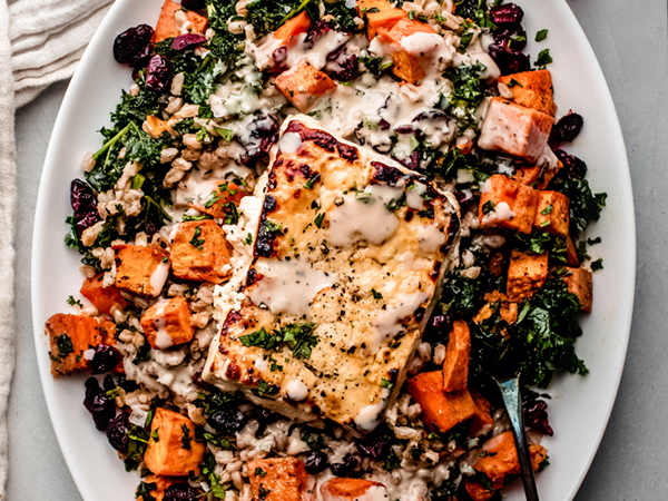 Maple Roasted Feta with Sweet Potatoes, Farro and Kale - Maple from Canada