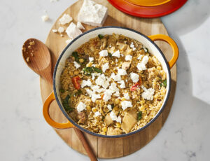 One-Pot Maple Chicken with Chickpeas, Tomatoes, Feta and Lemony Rice